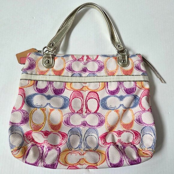 Coach Purse Poppy Dream Signature C Glam Multicolor White Canvas Tote Bag 19023 - Picture 5 of 14